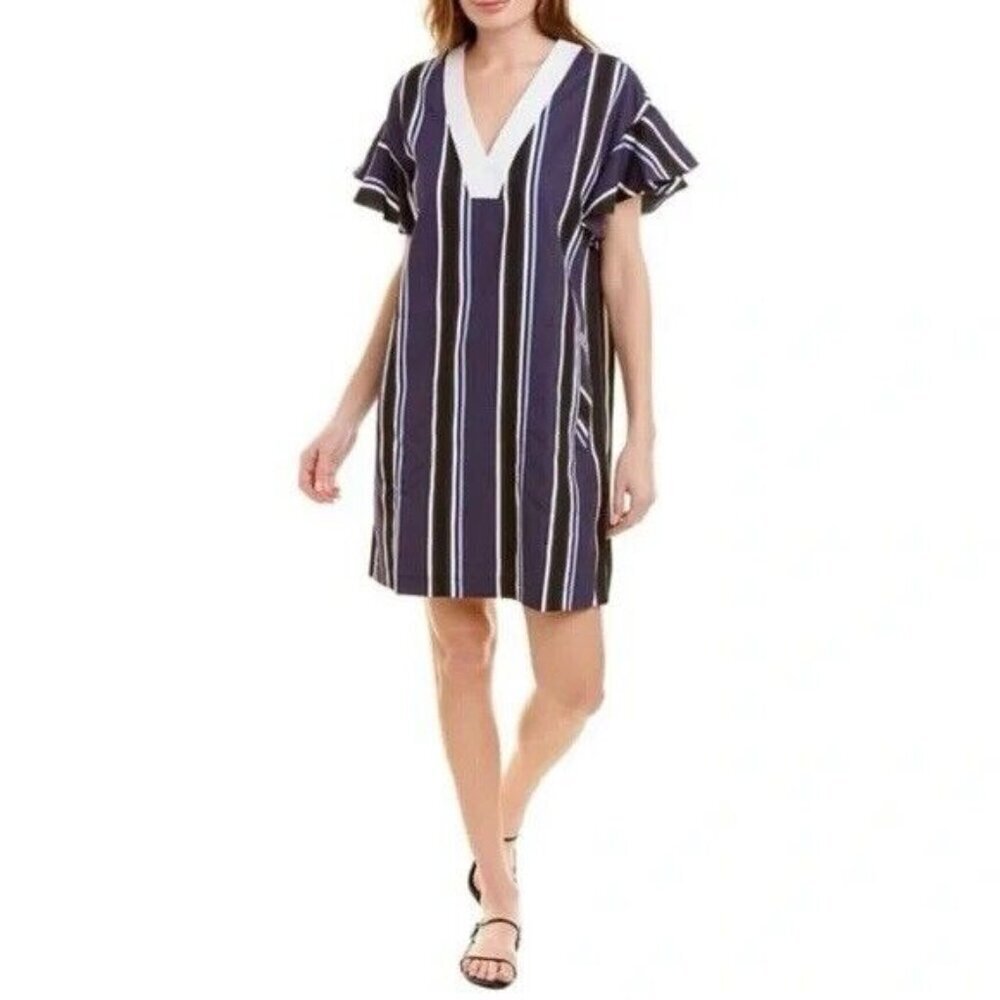 PEARL by Lela Rose Striped Ruffle Sleeve Blue White Pockets Sheath Mini Dress M